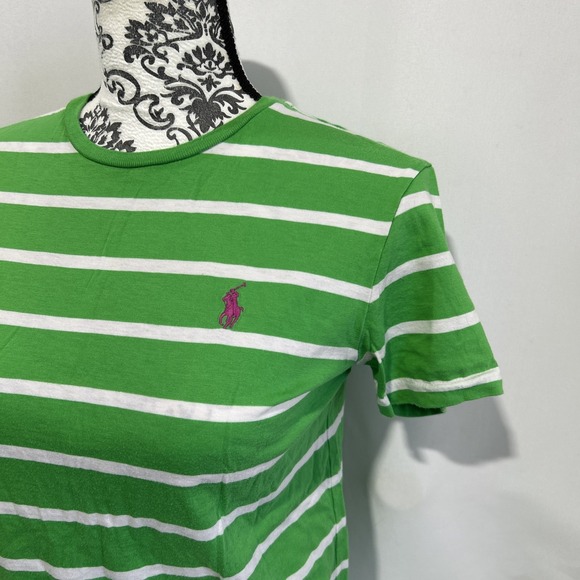 Ralph Lauren Sport Shirt Women's Sz  Medium White Green Stripe Pink Pony Tee - Picture 2 of 7